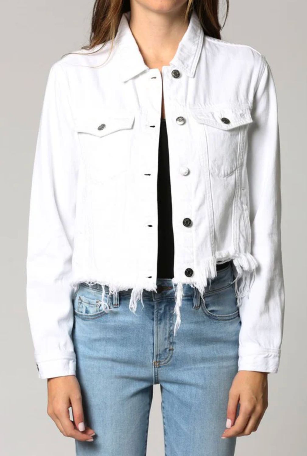 Hidden Cropped Frayed Jacket- White, Size: XS