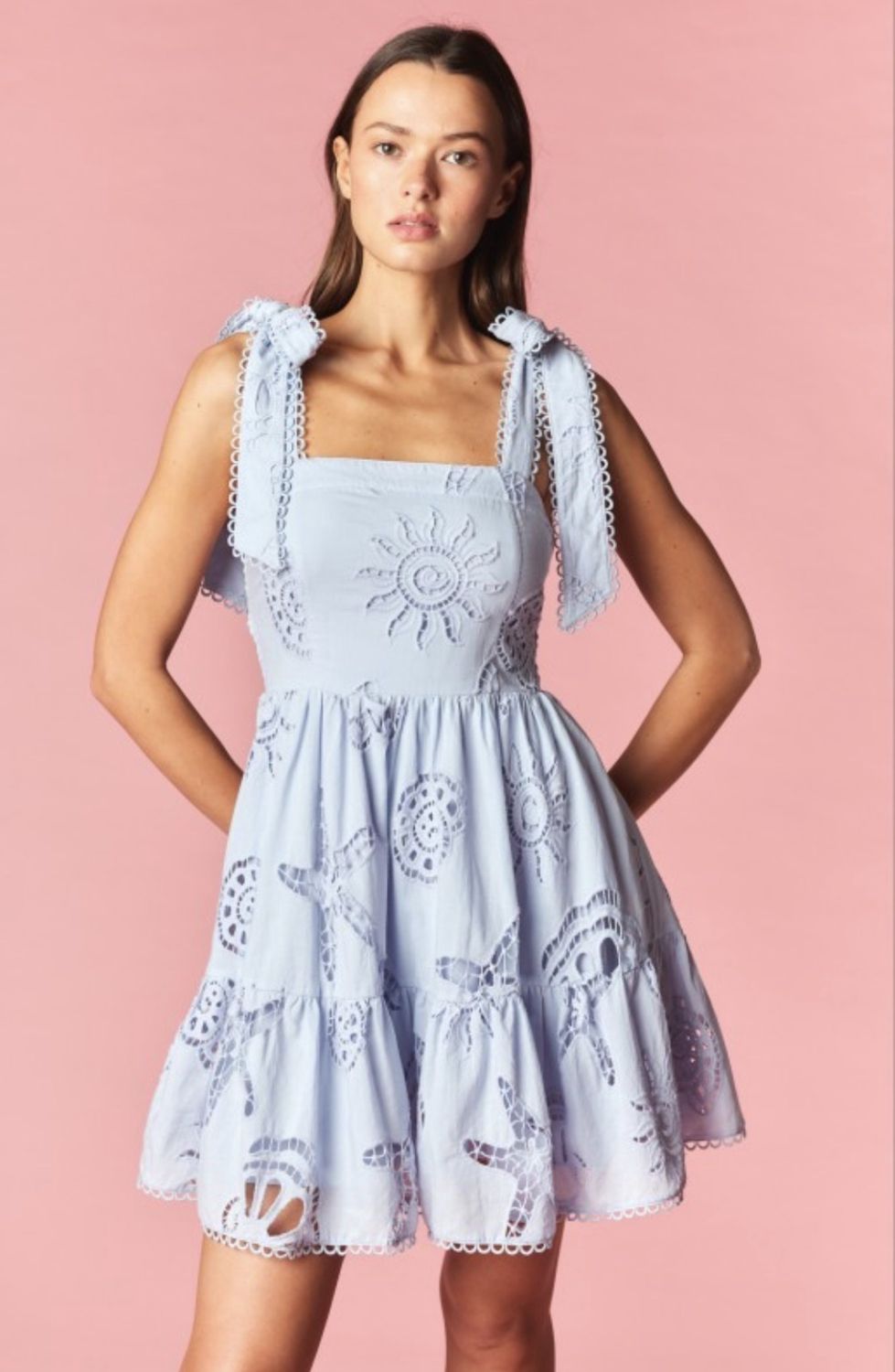 Eyelit Sun Motif Tie Shoulder Mini Blue Dress, Size: S