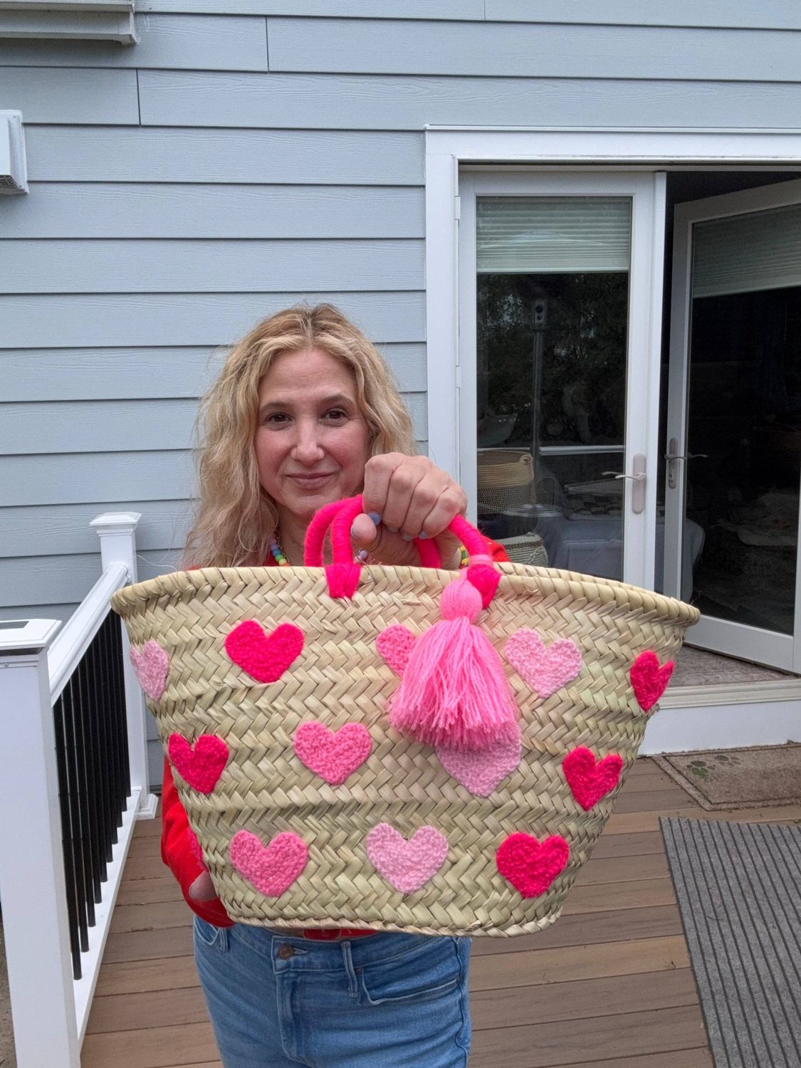 Hand crafted raffia tote bags, Color: Pink hearts