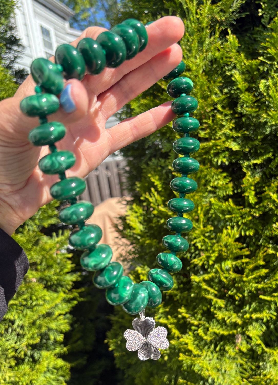 Emily Beaded Clover Necklace, Color: Dark green