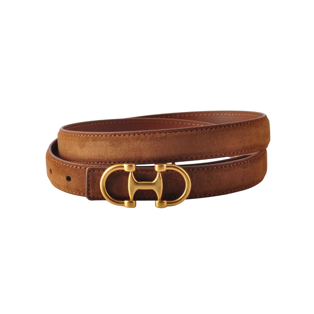 Stitched Leather Belt with Horsebit Buckle｜Equestrian Style, Color: Caramel, Size: Small (S)
