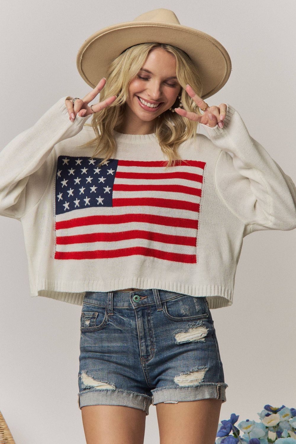 LONG-SLEEVE KNIT SWEATER AMERICAN FLAG - LESW4133, Color: IVORY, Size: Small