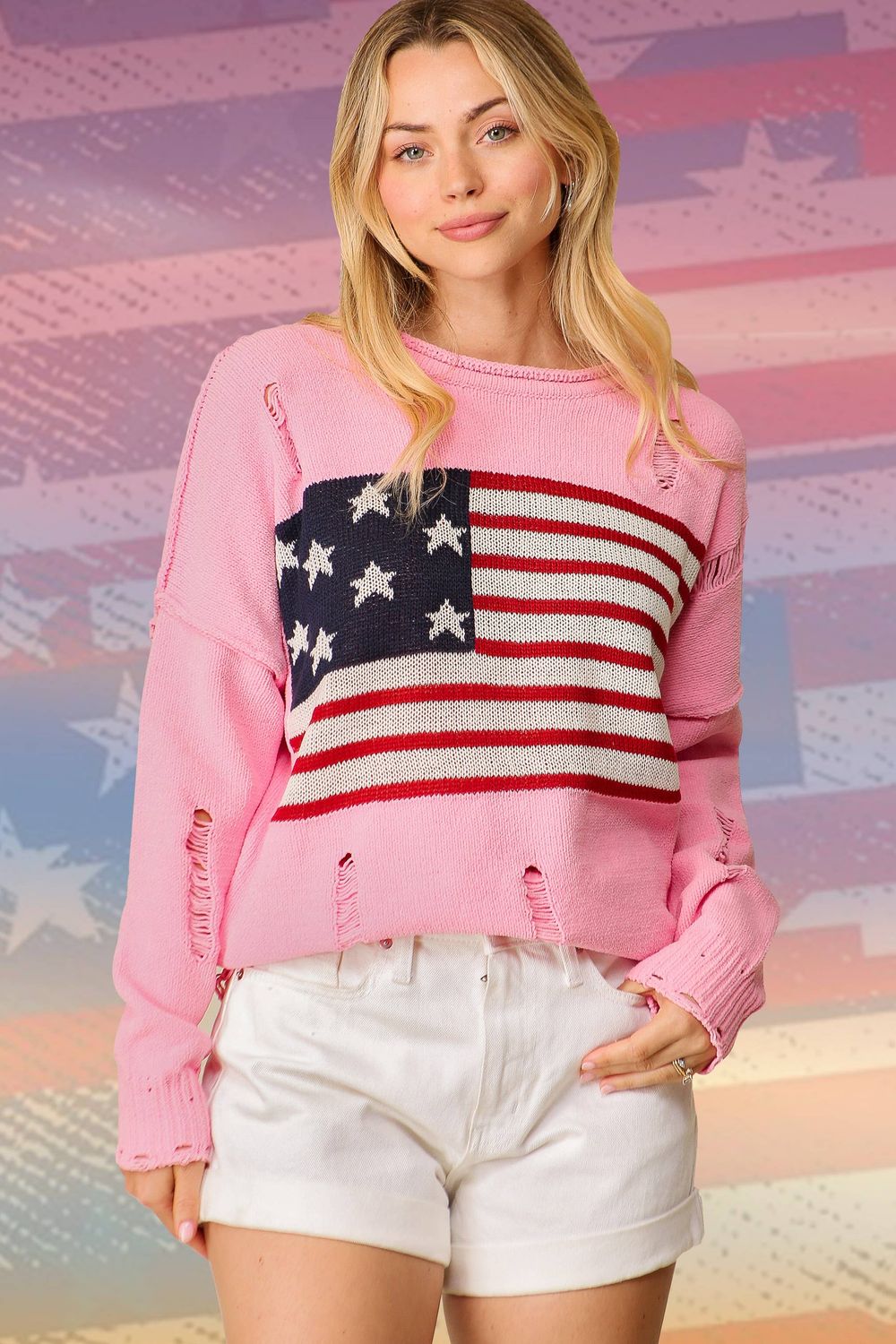 Distressed USA Americana Sweater, Color: Pink, Size: S