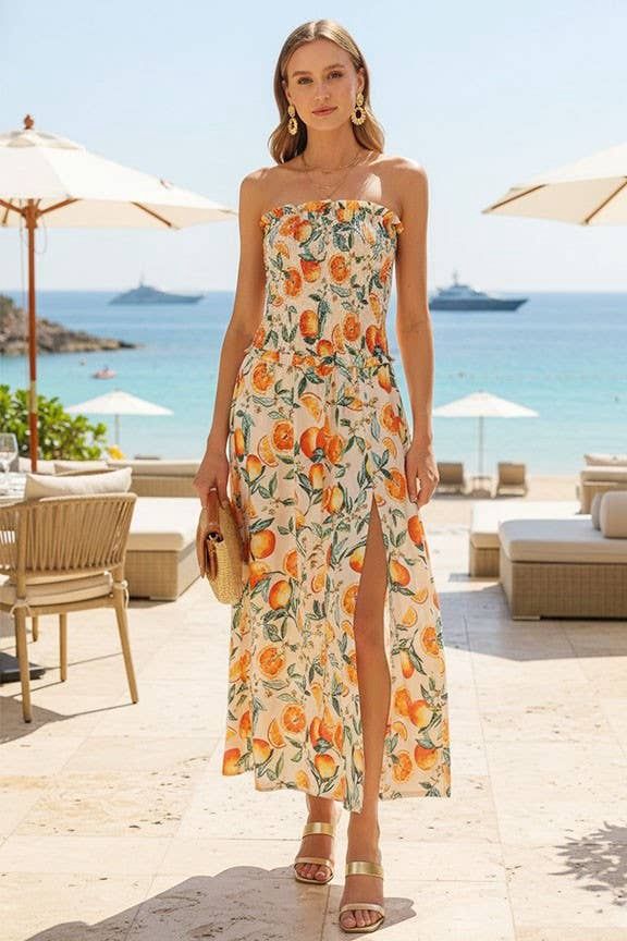 Citrus Chic Print Maxi Dress, Color: Orange Combo, Size: L