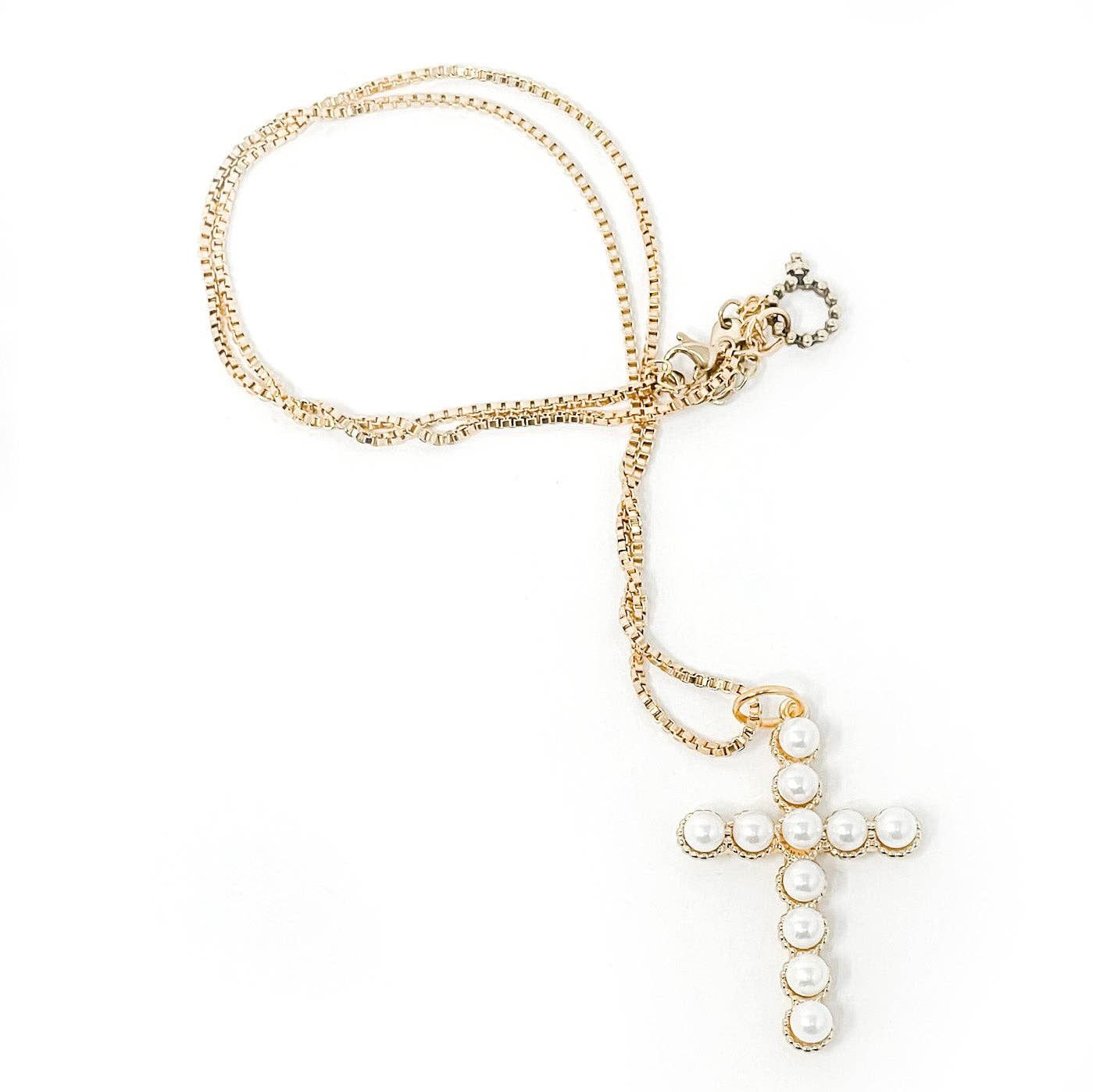 Non-Tarnish Box Chain with Pearl Cross, Length Options: 18"