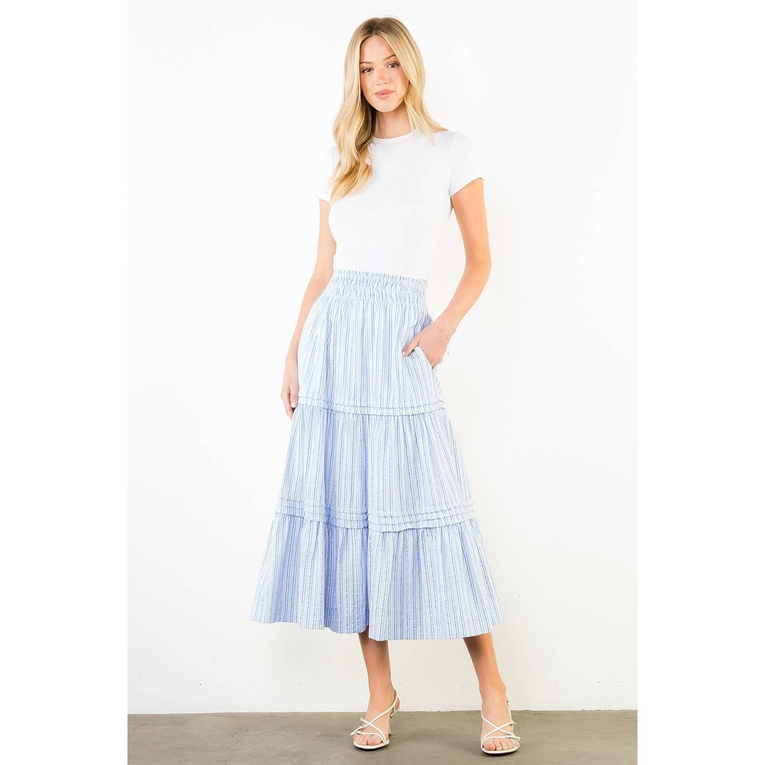 Striped Tiered Skirt, Color: BLUE, Size: XS