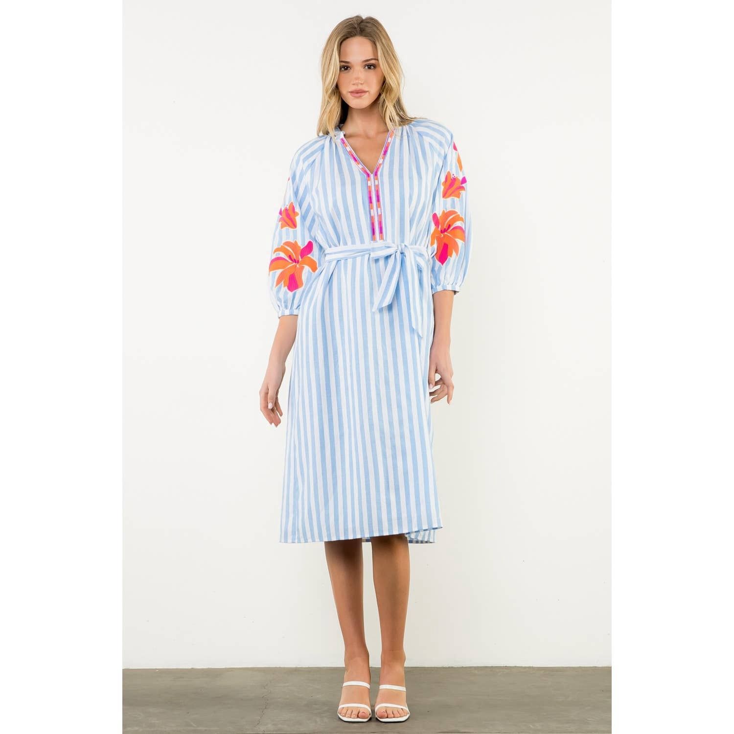 Embroidered Puff Sleeve Striped Maxi Dress, Color: BLUE, Size: XS
