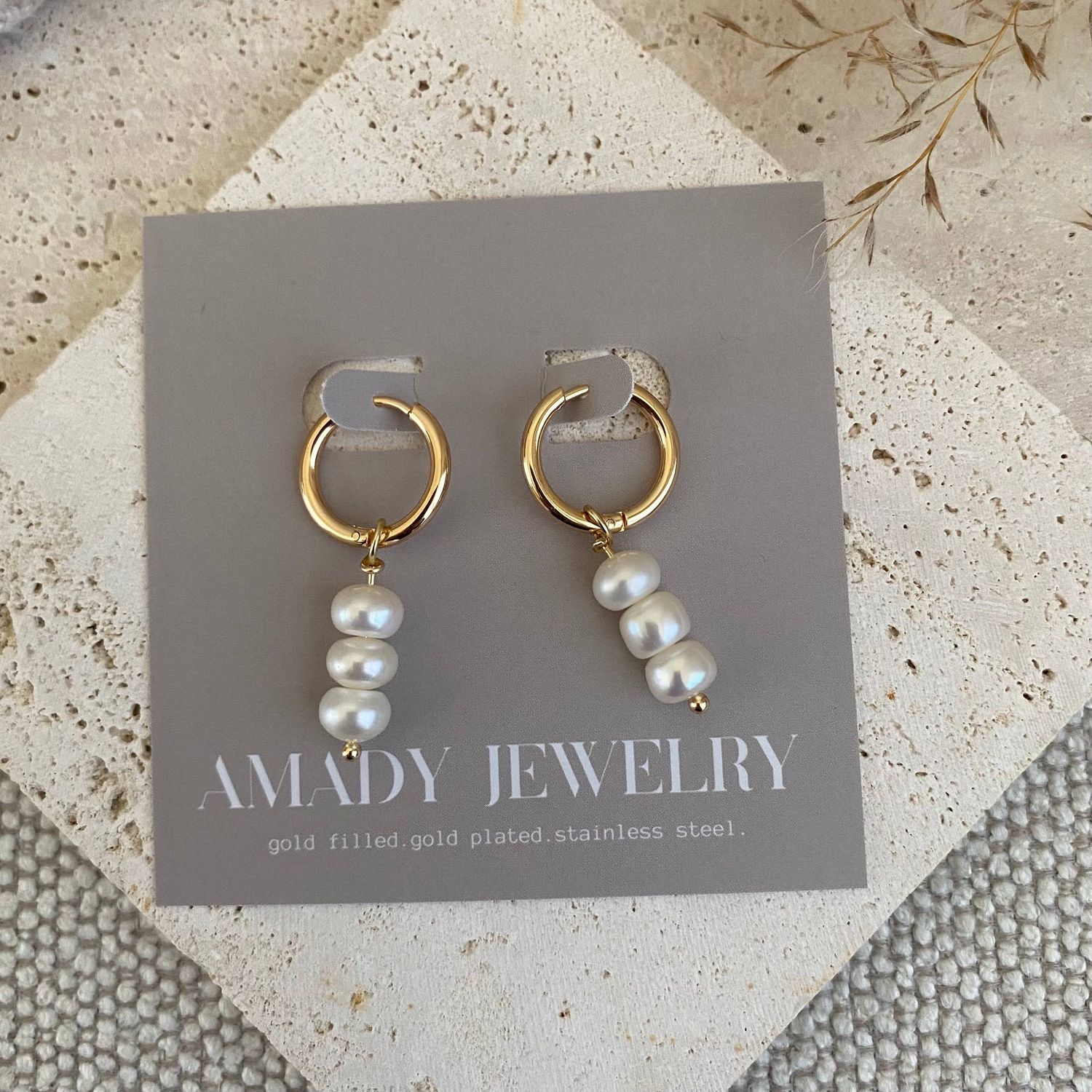Pearls Dangle Drop Hoop Earrings 14k Gold Plated