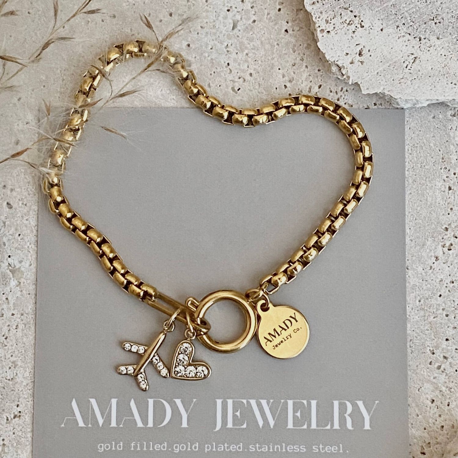 Traveler travel Bracelet airplane plane heart gold plated