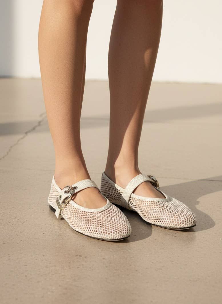 MARKER Mesh Mary Jane Flats Fishnet Upper Breathable Sheer F, Color: BONE, Size: 6