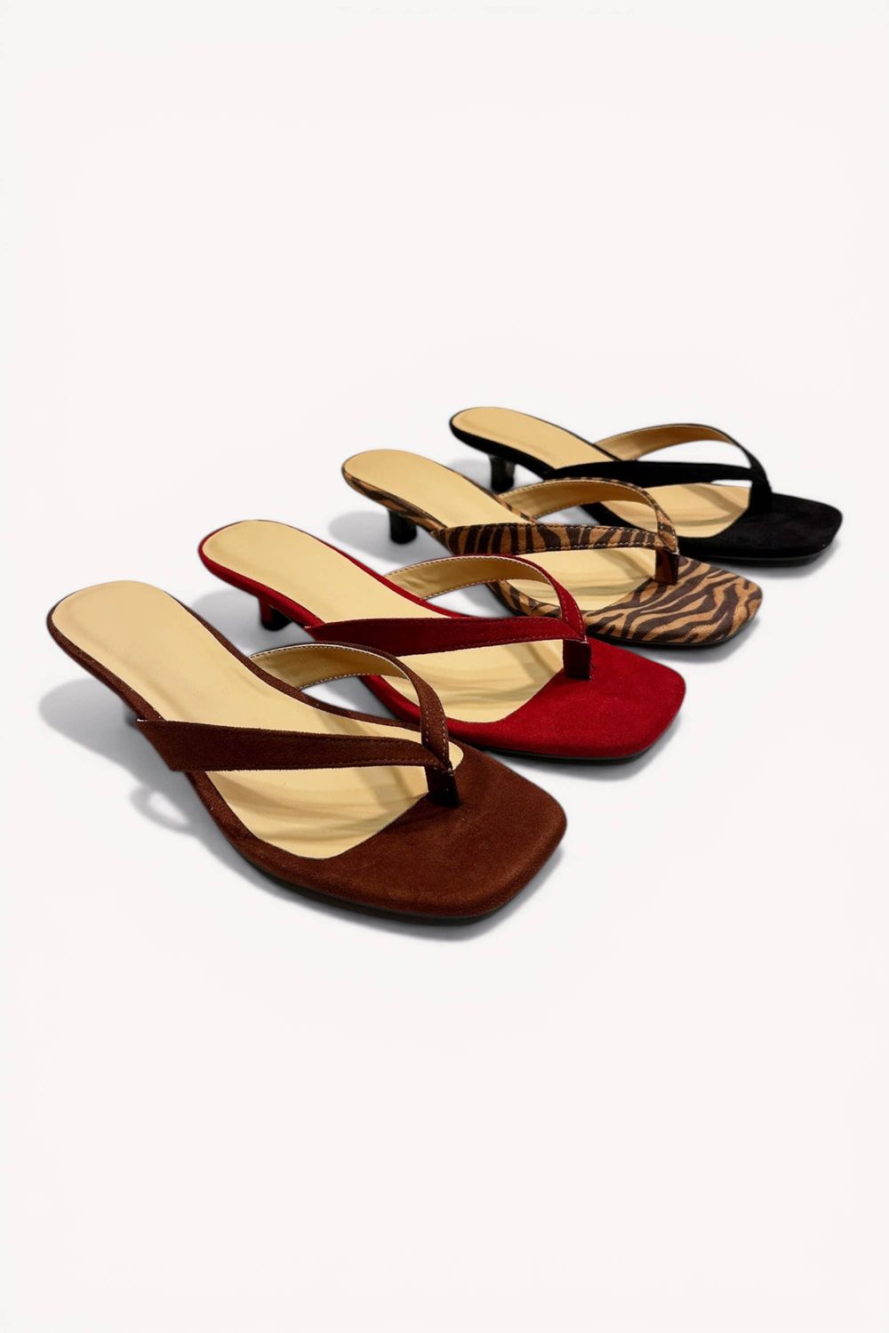 Thong Strap Kitten Heel Sandals Square Toe Minimal H, Color: BLACK SUEDE, Size: 6