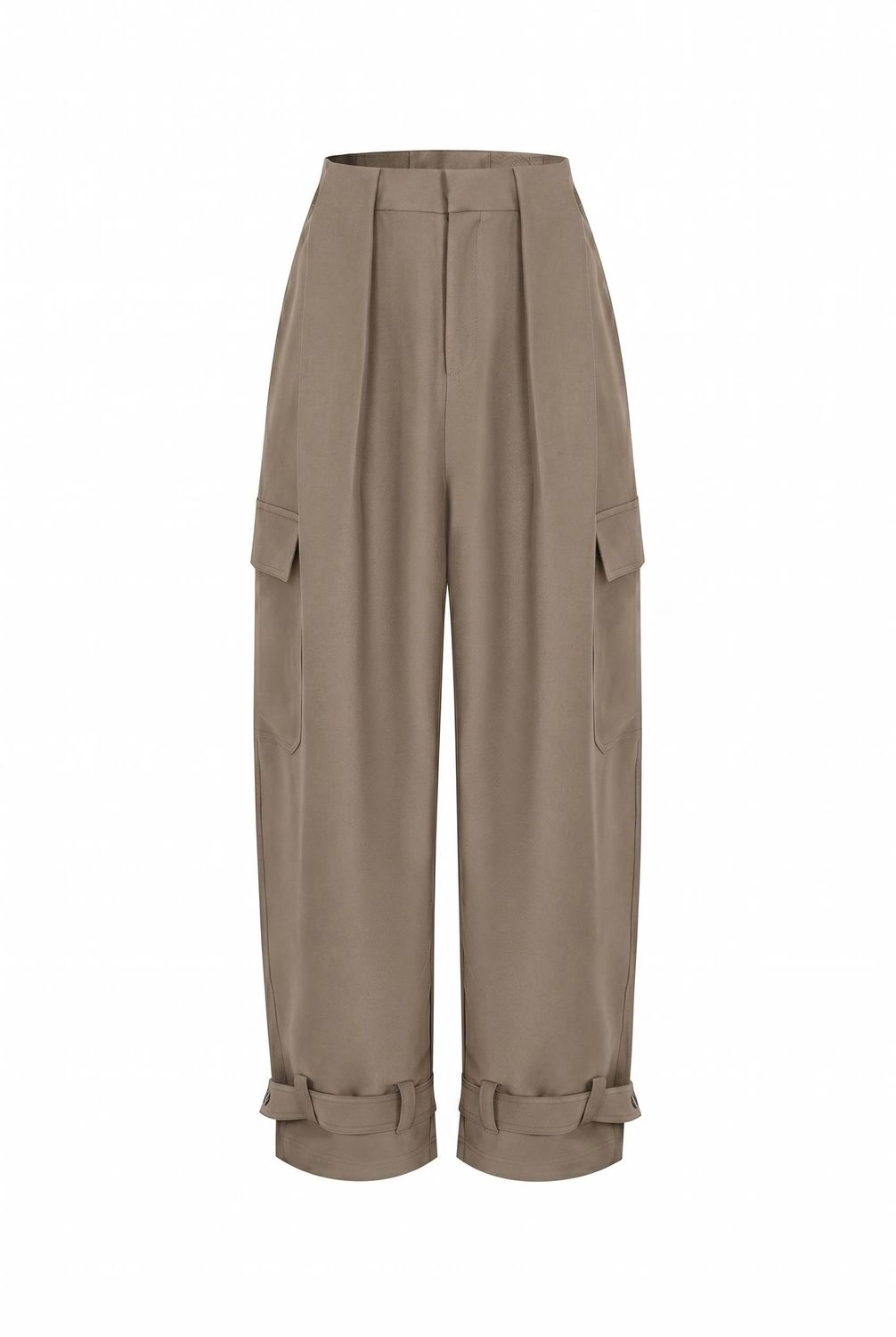 Pleated Woven Pants with Adjustable Hem, Color: Taupe, Size: L