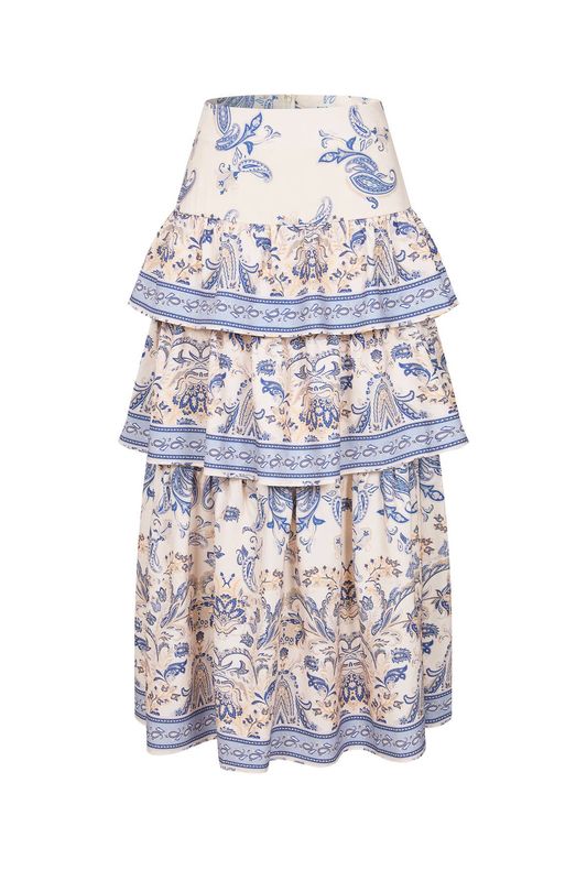 Border Print Tiered Midi Skirt