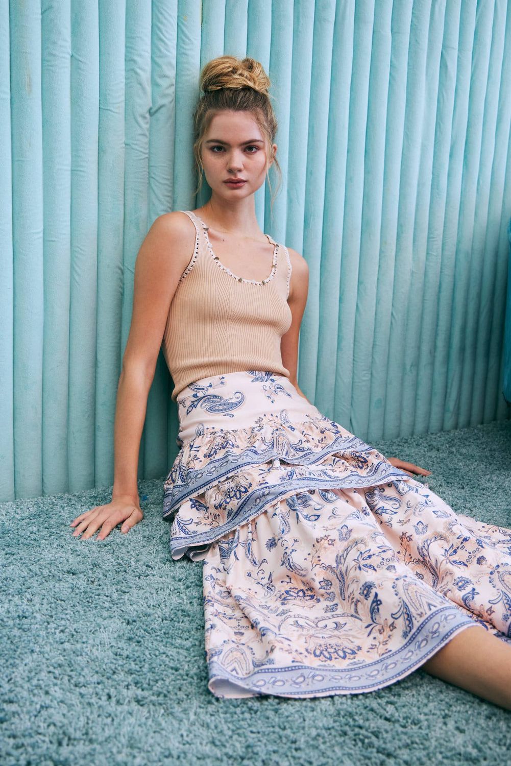 Border Print Tiered Midi Skirt, Color: Cream/Blue Multi, Size: L