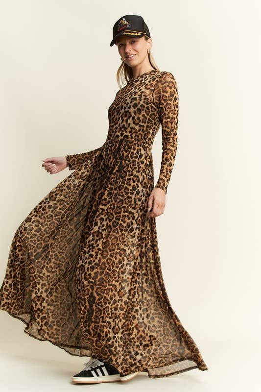 Animal Print Mesh Dress, Color: MOCHA BROWN, Size: XL