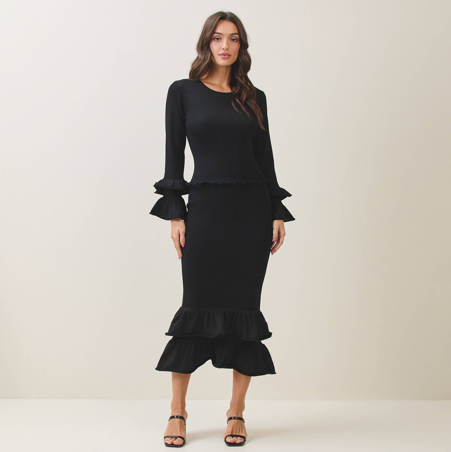 Ruffle Knit top &amp; skirt set, Color: BLACK, Size: S