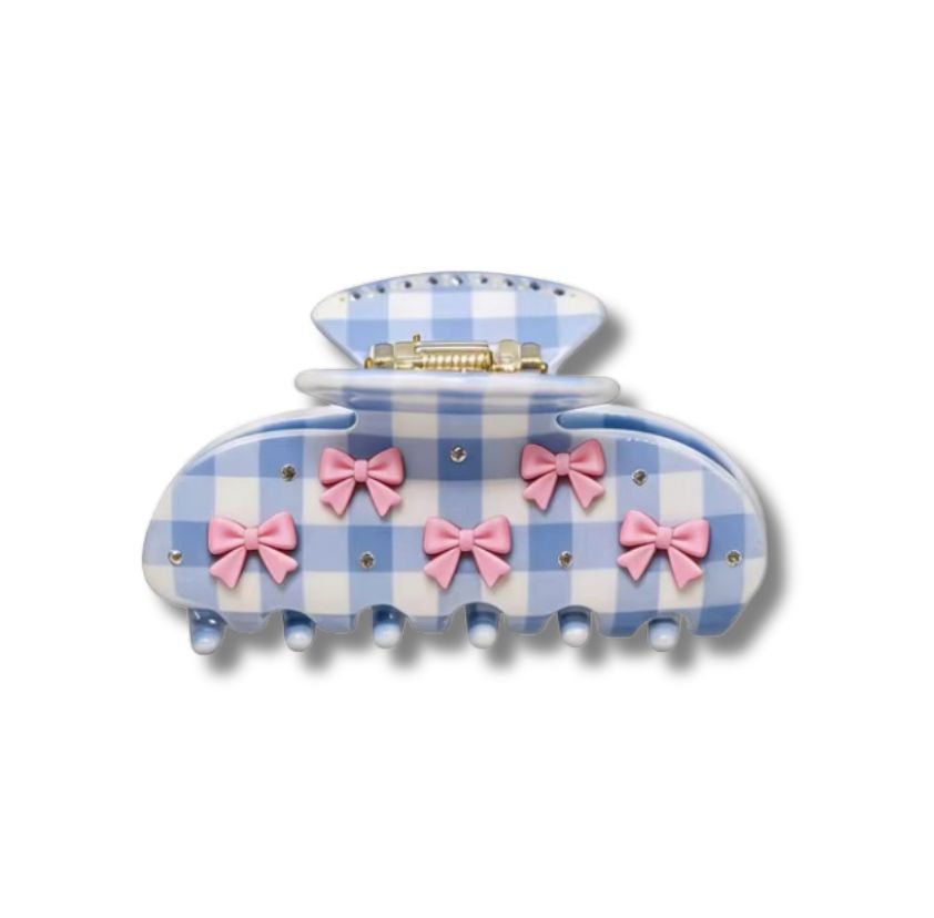 BLUE GINGHAM PINK BOW EMBELLISHED CLAW HAIR CLIP