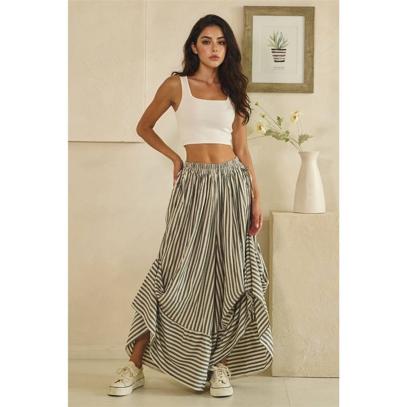 STRIPE ASYMMETRIC GATHERED DETAIL PANTS