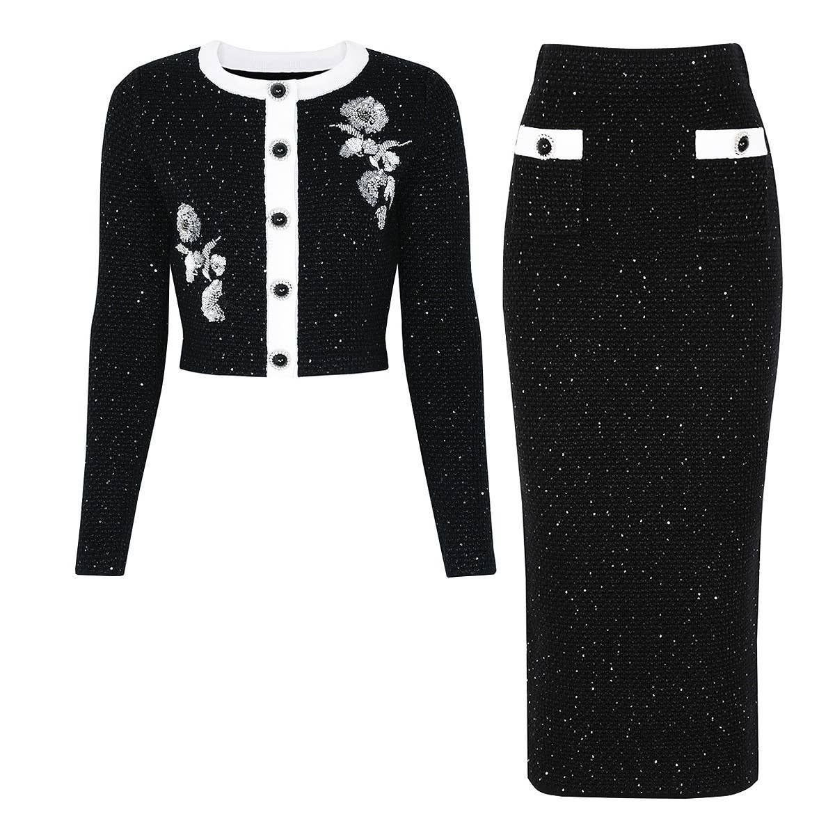 Sequin Embroidered Knit Cardigan and Skirt Set, Color: Black, Size: XS