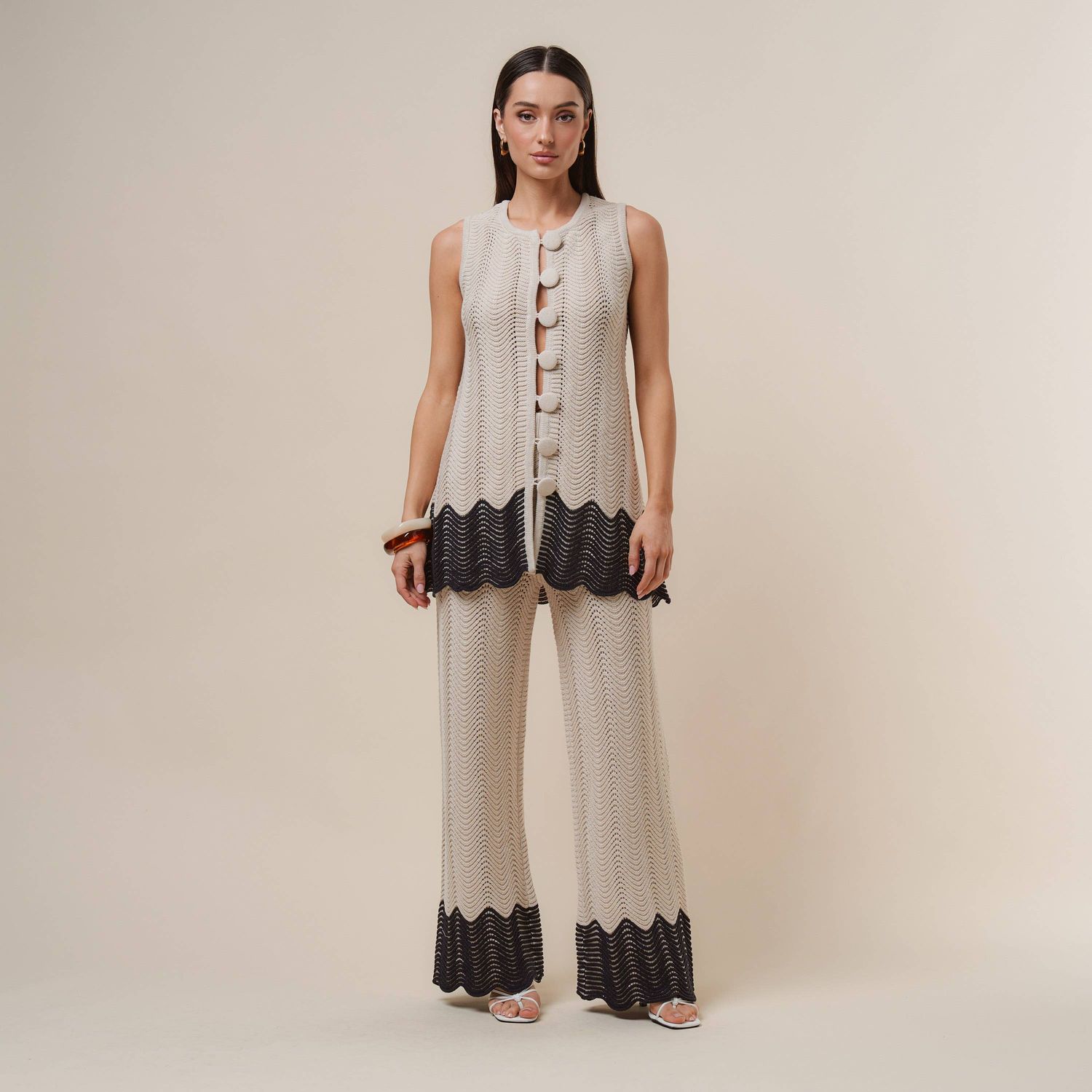 The Effortless Button knit top &amp; pants set, Color: NATURAL/BLACK, Size: S