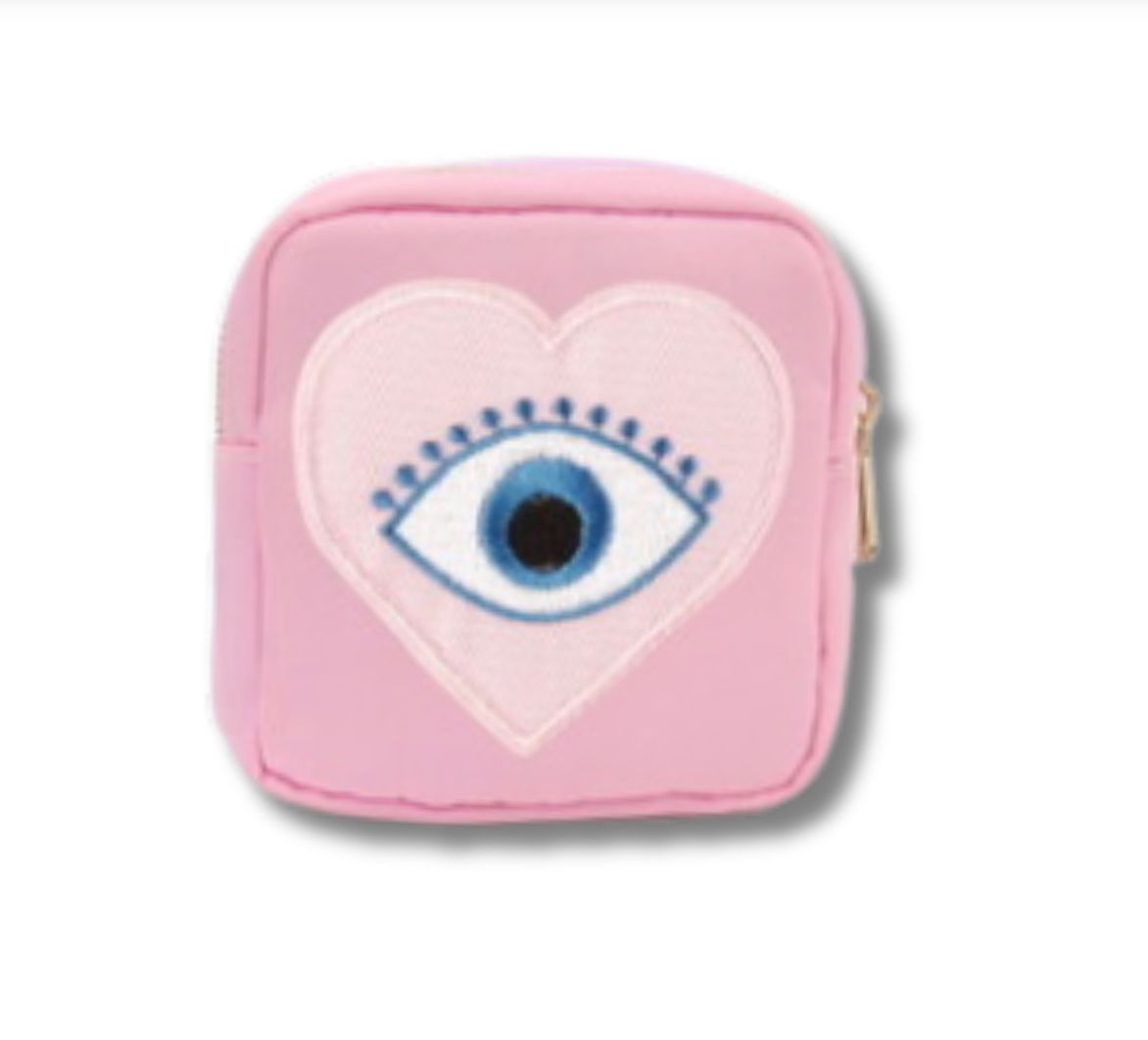 PINK HEART EVIL EYE NYLON ZIP BAG, Bag Size: Medium, Color: Pink