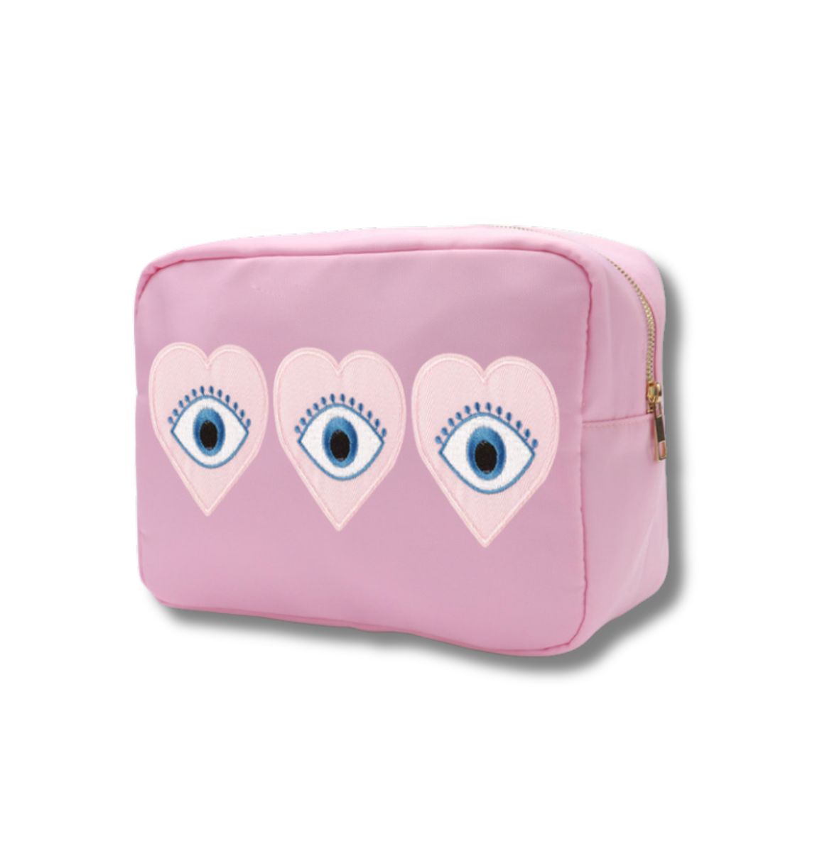 3 PINK EVIL EYE HEART XL NYLON ZIP BAG, Color: Pink