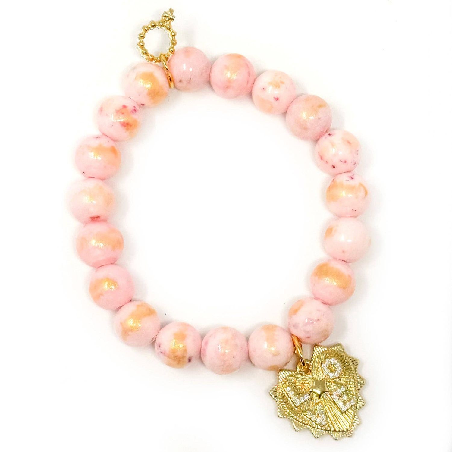 10mm Blush Angel Kiss Agate with Gold Ruffle Love Heart