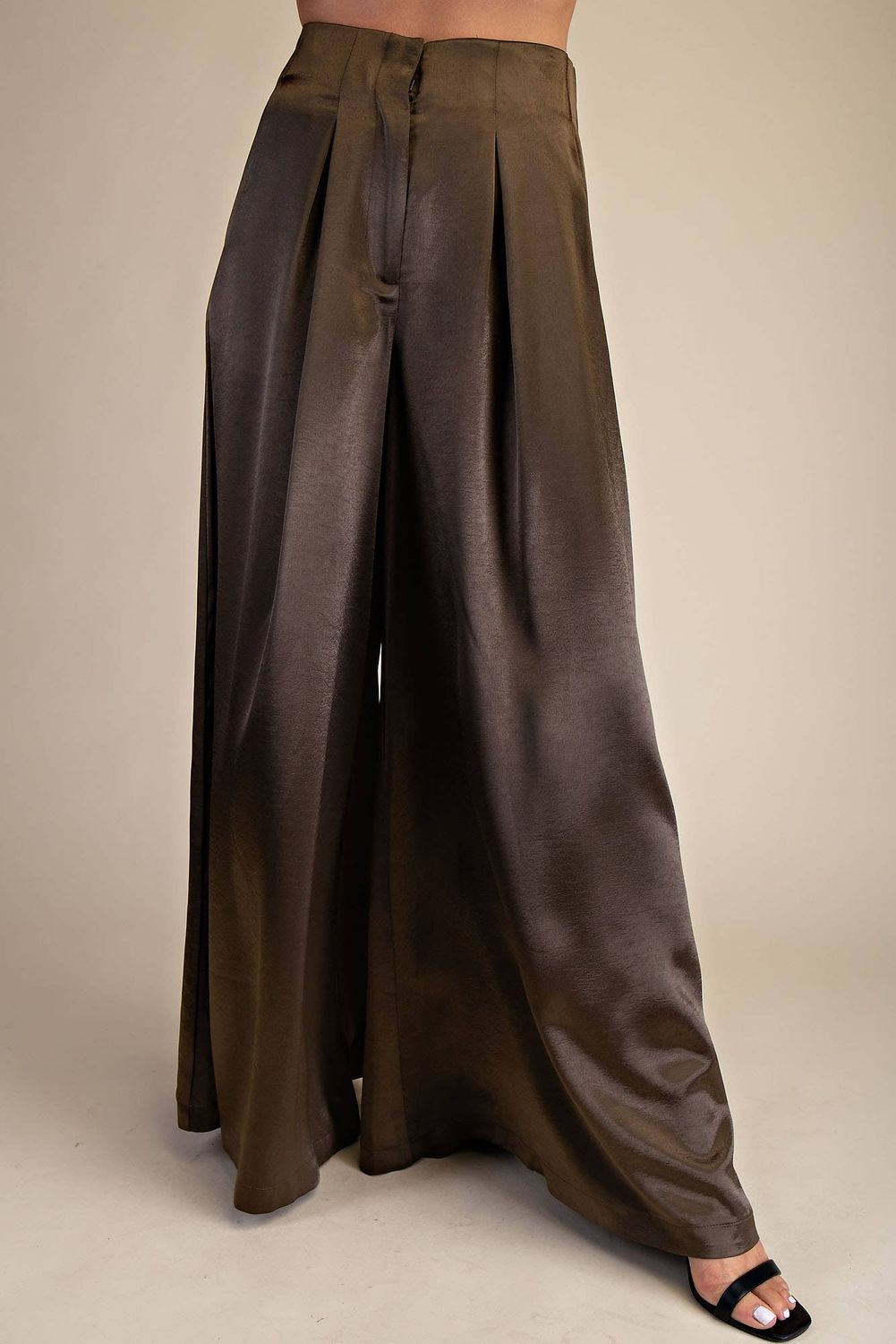 Olive Satin A-Line Palazzo Pants, Color: Olive, Size: M