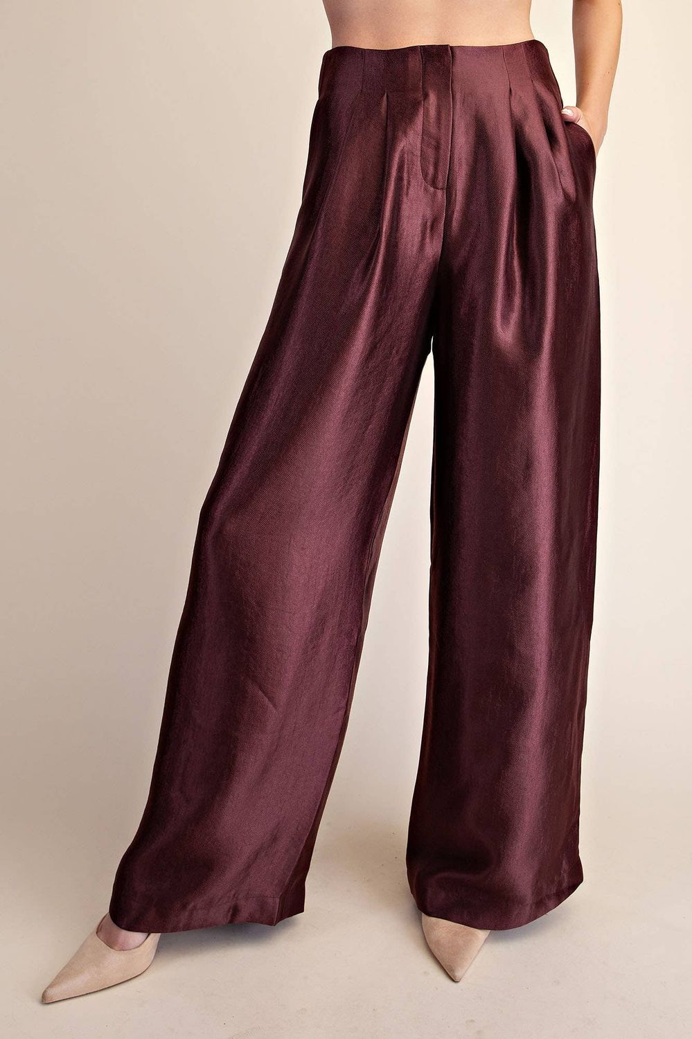 High-Waist Pleated Pants, Color: Burgundy, Size: M