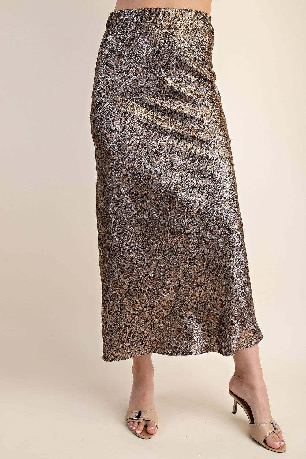 Satin Elastic Band Midi Skirt, Color: Olive, Size: M