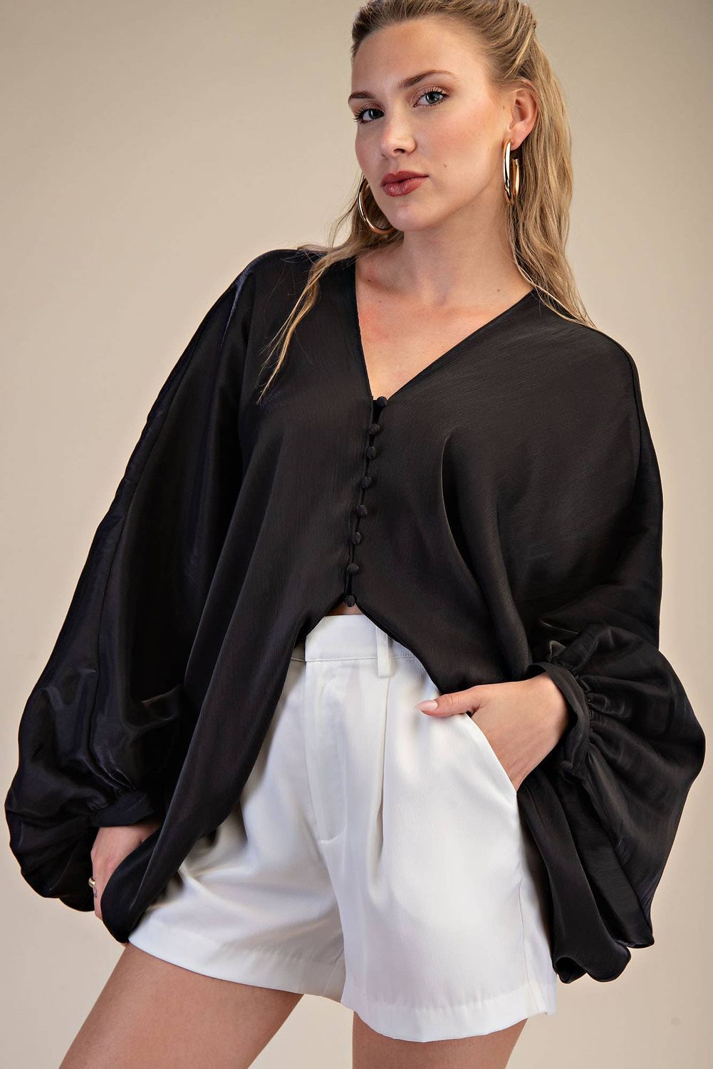 V-Neck Puff Sleeve Top, Color: Black, Size: M
