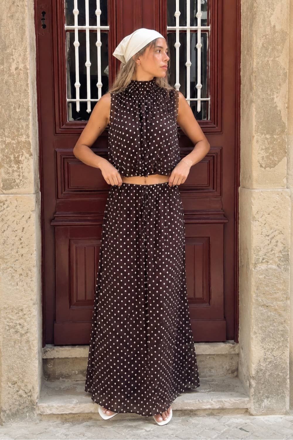FLOWY POLKA DOT PALAZZO PANTS, Color: BROWN DOT, Size: L