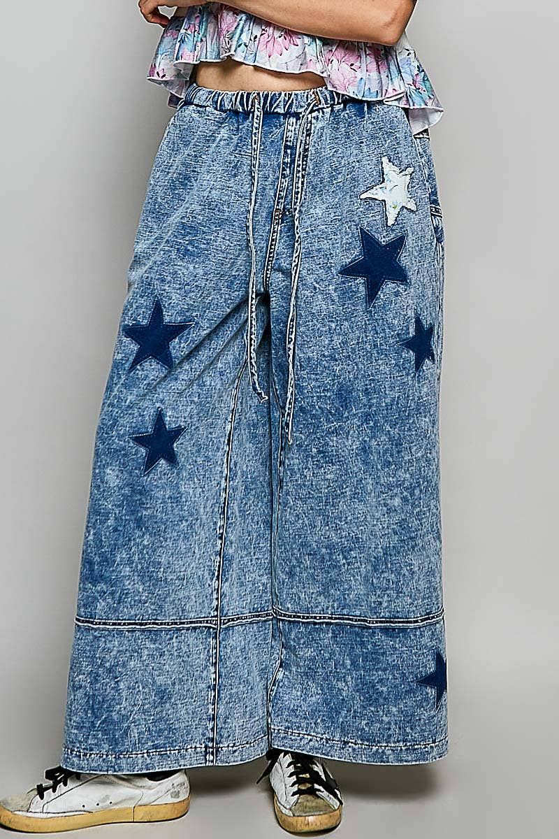 High-Rise Star Patch Waistband Terry Wide Denim Pants, Color: DENIM, Size: S