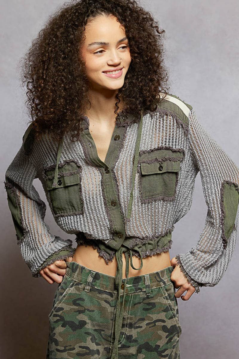 Open Knit Button Down Pocket Front Hooded Shirt Top, Color: GREY MULTI, Size: L