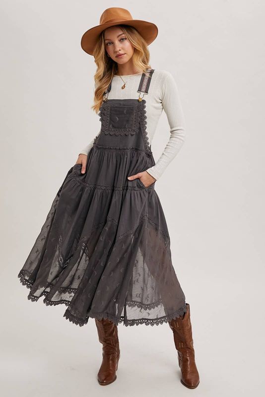 LACE EMBROIDERED TULLE BIB MAXI DRESS WITH LINING