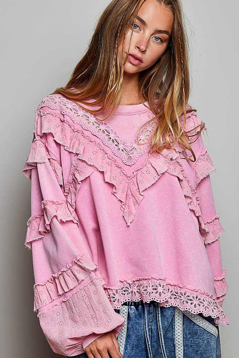 French Terry Eyelet Ruffle Vintage Washing Solid Knit Top, Color: CANDY PINK, Size: S