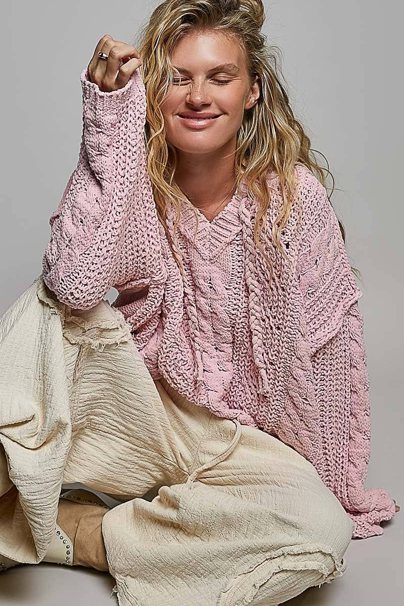 Oversize Fit V-neck Hooded Cable Knit Chenille Sweater, Color: PALE PINK, Size: S
