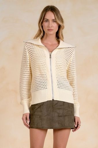 Zip Open Knit Cardigan, Color: stone, Size: S