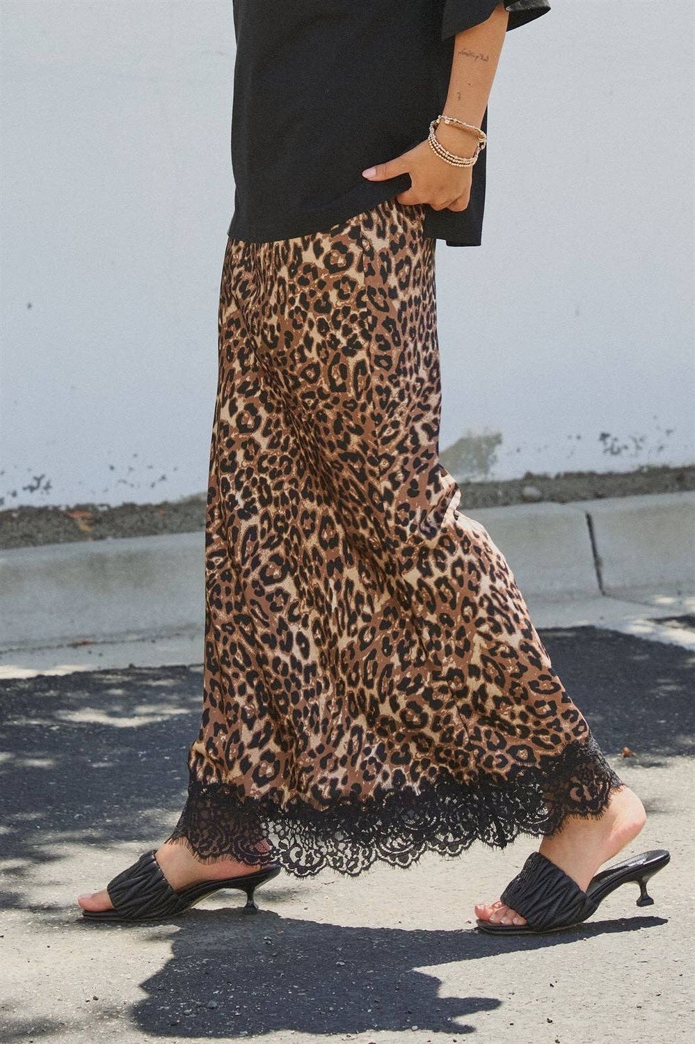 Leopard Print Satin Maxi Skirt with Lace Hem, Color: Leopard, Size: S