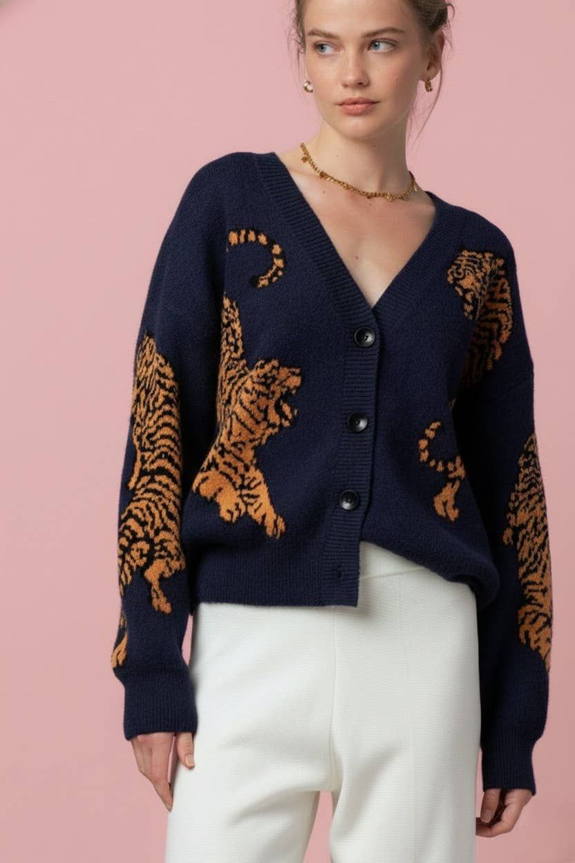 Tiger Jacquard Knit Sweater Cardigan, Color: NAVY, Size: S/M