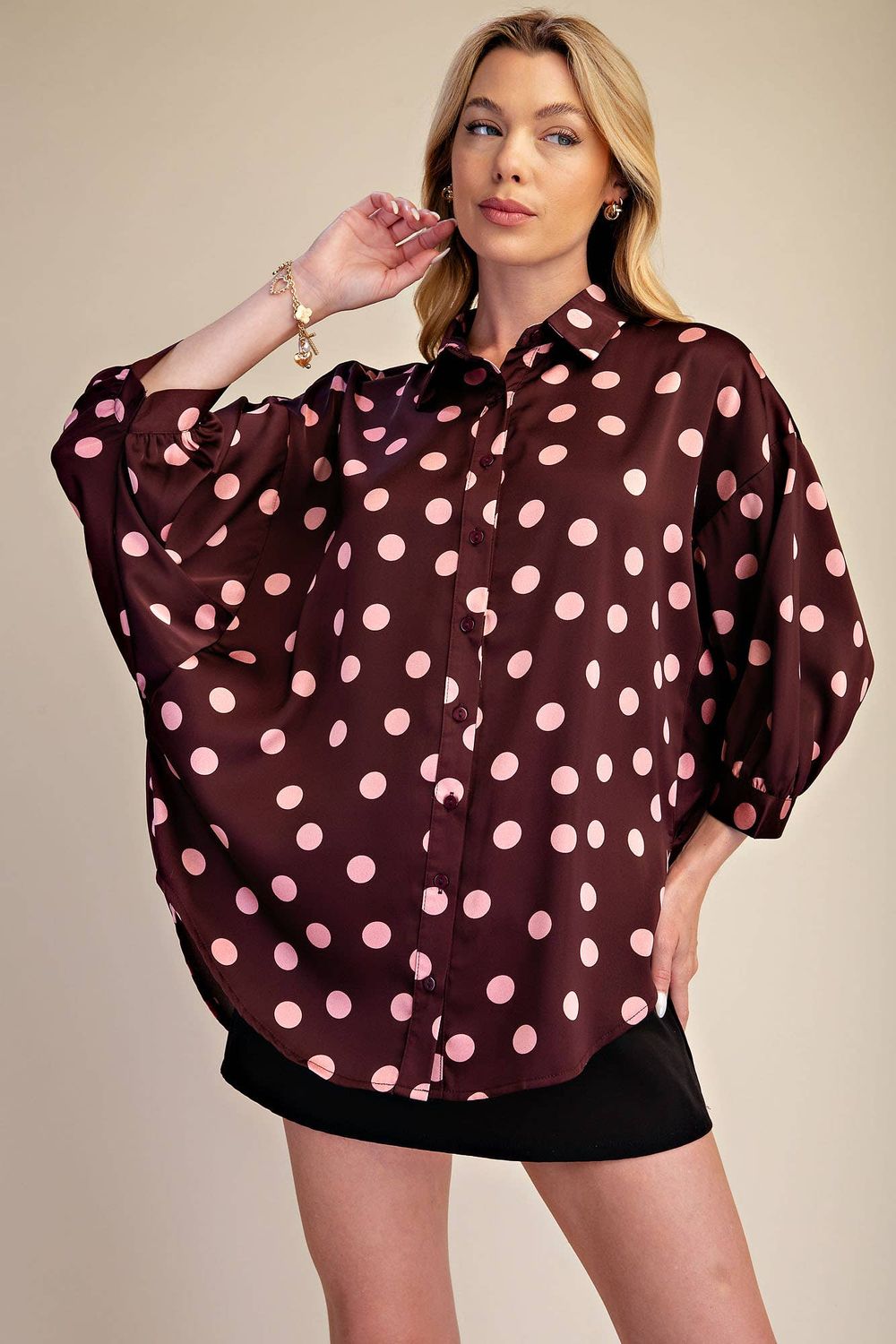 Polka Dot Oversized Shirt, Color: Burgundy, Size: S