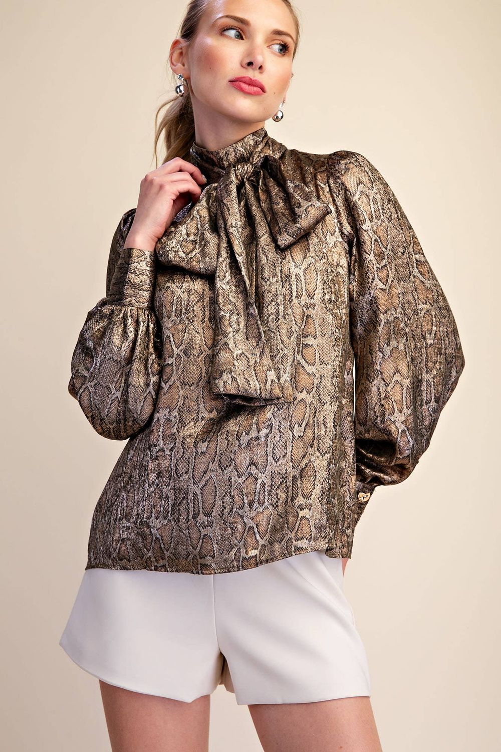 Animal High Neck Tied Satin Shirt, Color: Olive, Size: S