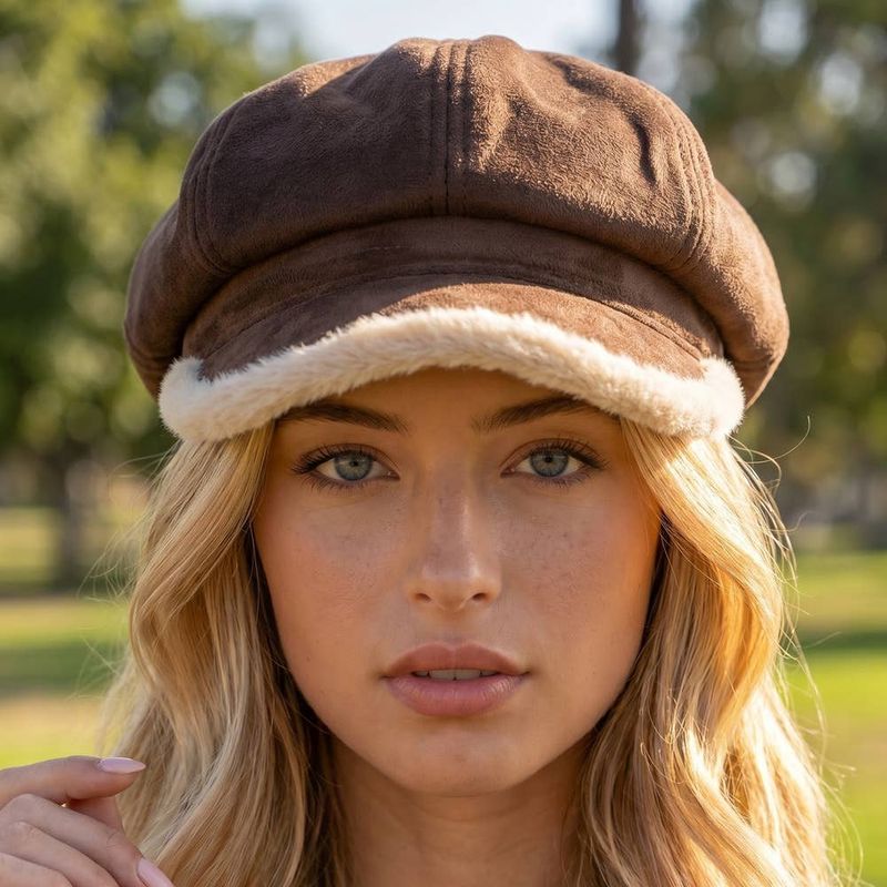 Plush Trim Vegan Suede Newsboy Cabbie Hat