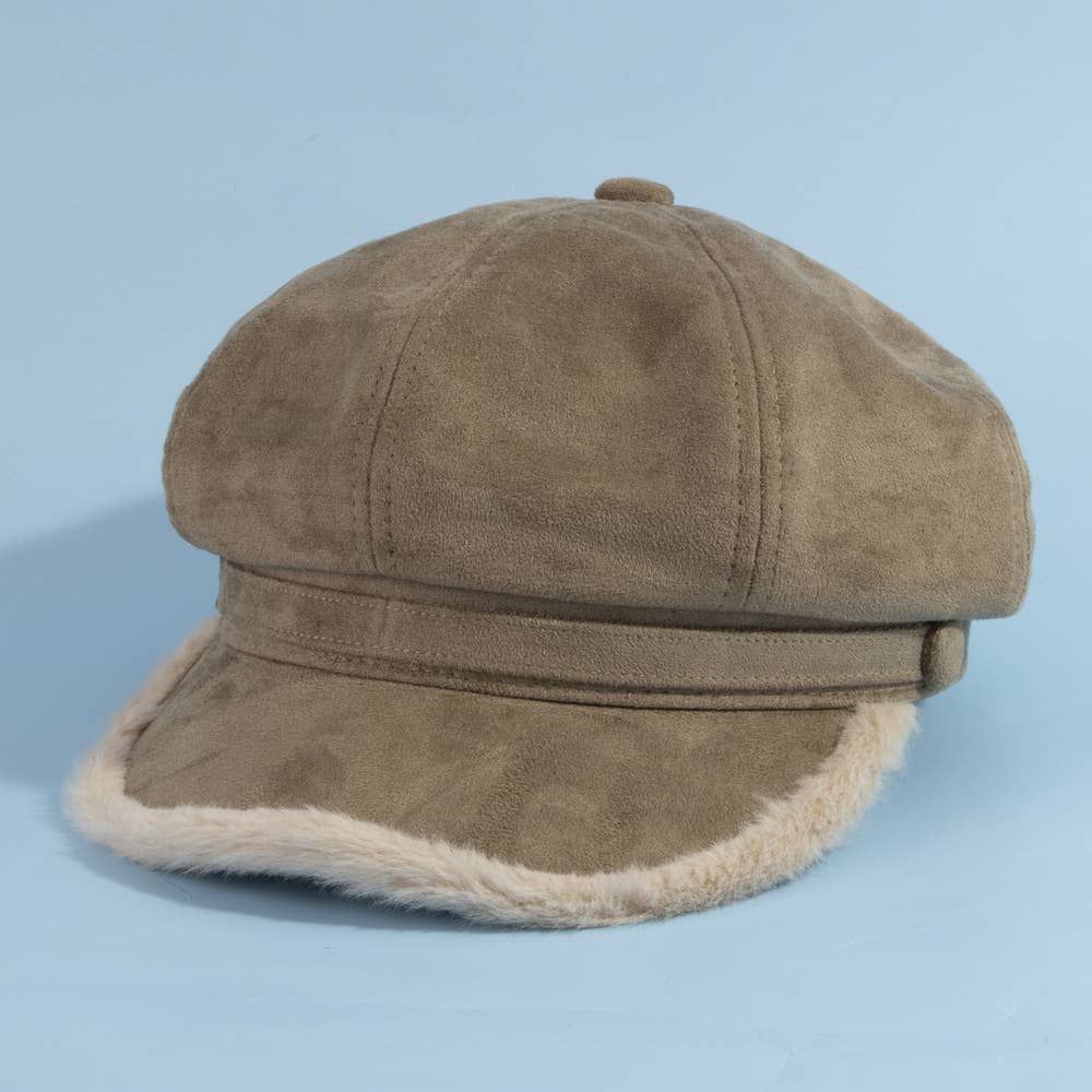 Plush Trim Vegan Suede Newsboy Cabbie Hat, Color: CA