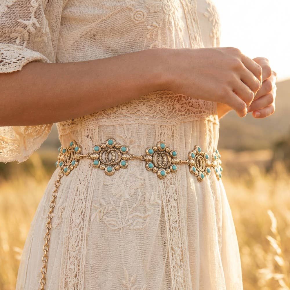 Turquoise Floral Concho Chain Belt, Color: G