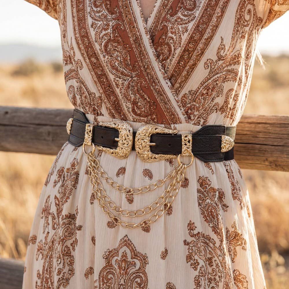 Gold Double Buckle Chain Detail Vegan Leather Belt, Color: BG