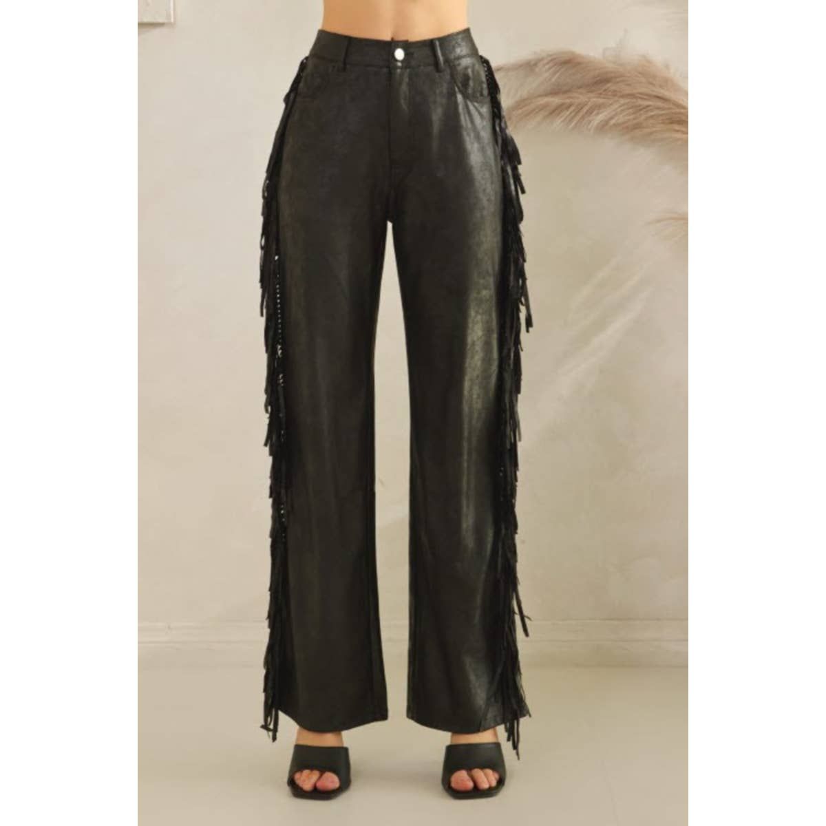 Vegan Leather Fringed High Waisted Straight Leg Pants, Color: Black, Size: L