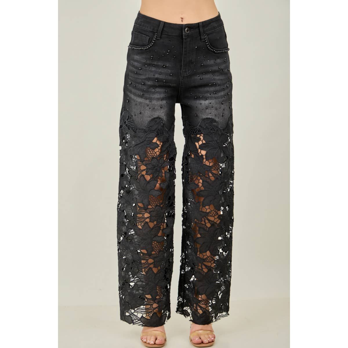 Pearl Accents Floral Lace-Spliced Denim Pants, Color: Black, Size: M