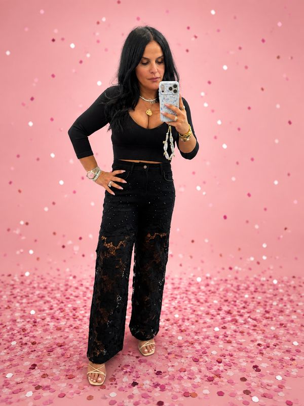 Pearl Accents Floral Lace-Spliced Denim Pants