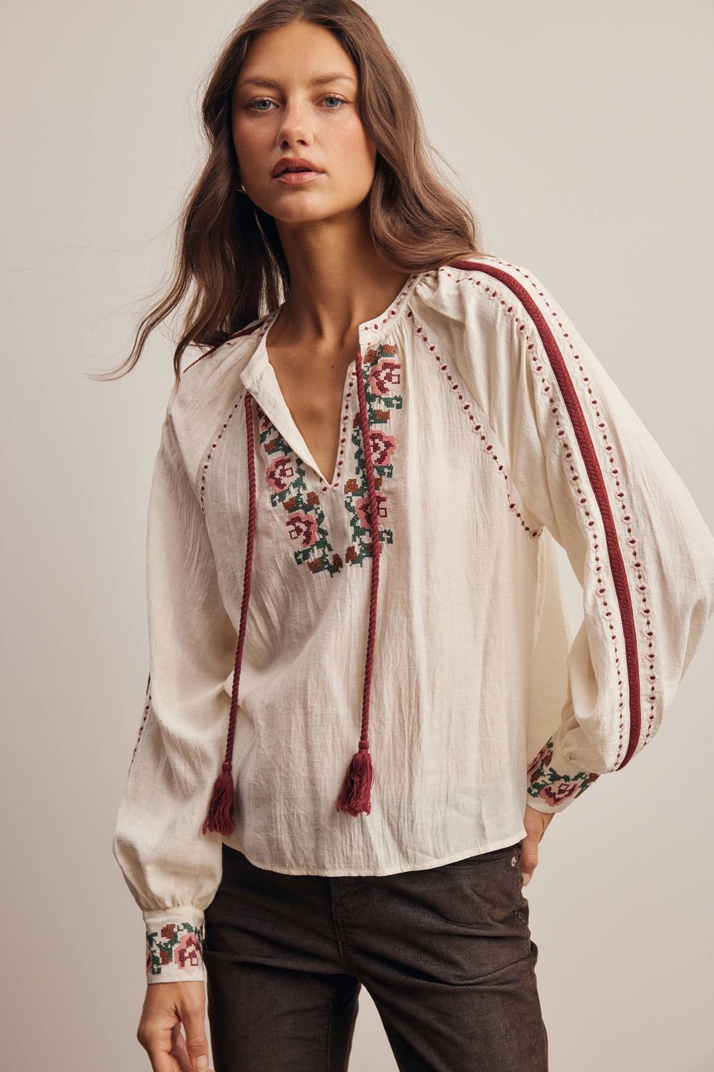 Floral Embroidered Tassel Tie Blouse, Color: Ivory, Fit: Contemporary, Size: L